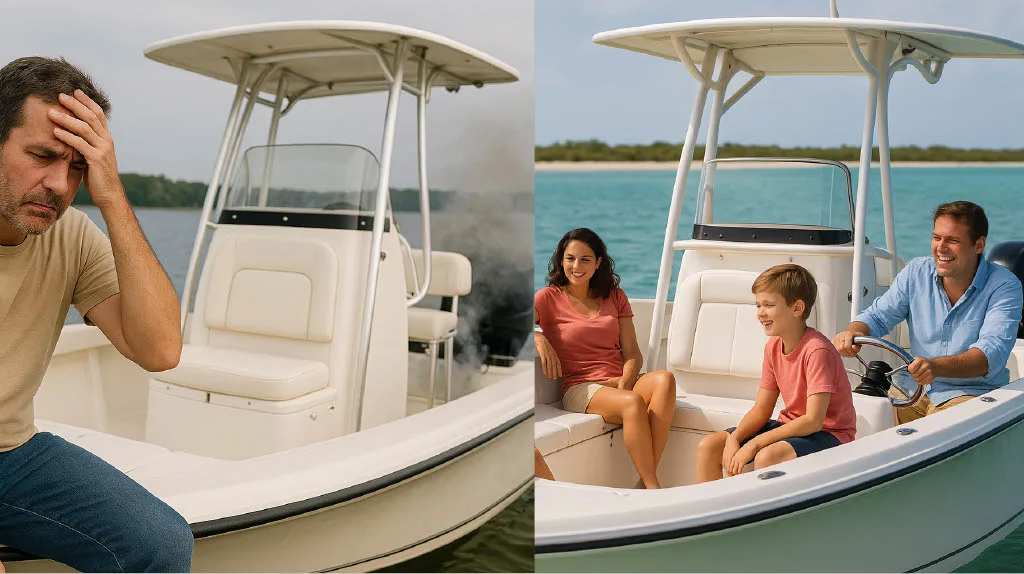 Split image comparing the stress of boat ownership to the fun of a boat club, with a man next to a smoking engine on the left and a happy family boating on the right