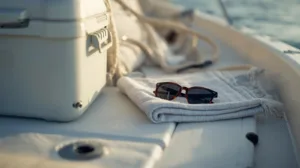 Boat deck lifestyle detail with cooler, towel, and sunglasses in soft natural light, representing the relaxed boating experience in New Jersey.