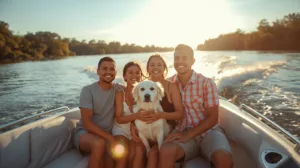 Family enjoying a boat day with their dog on the Navesink River in Red Bank, NJ, highlighting the joy and connection of the boating lifestyle.