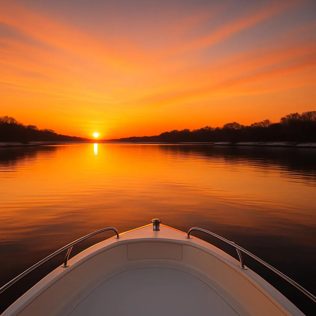 Sunset over the Navesink River in Red Bank, NJ, viewed from a boat. Peaceful winter water and warm colors representing the boating lifestyle.